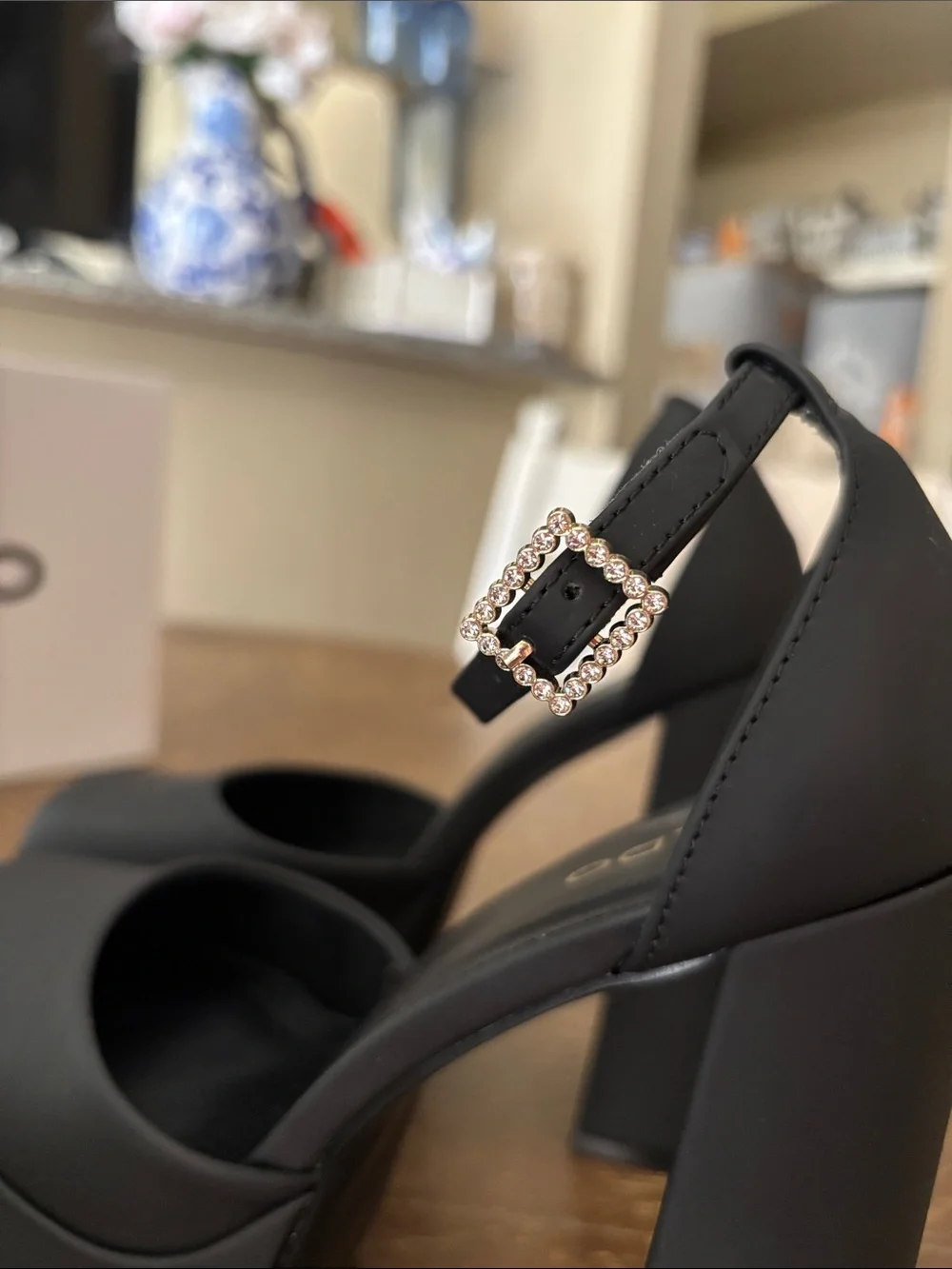 ALDO Grandle double-platform block-hell square toe rhinestone strap 6” heels